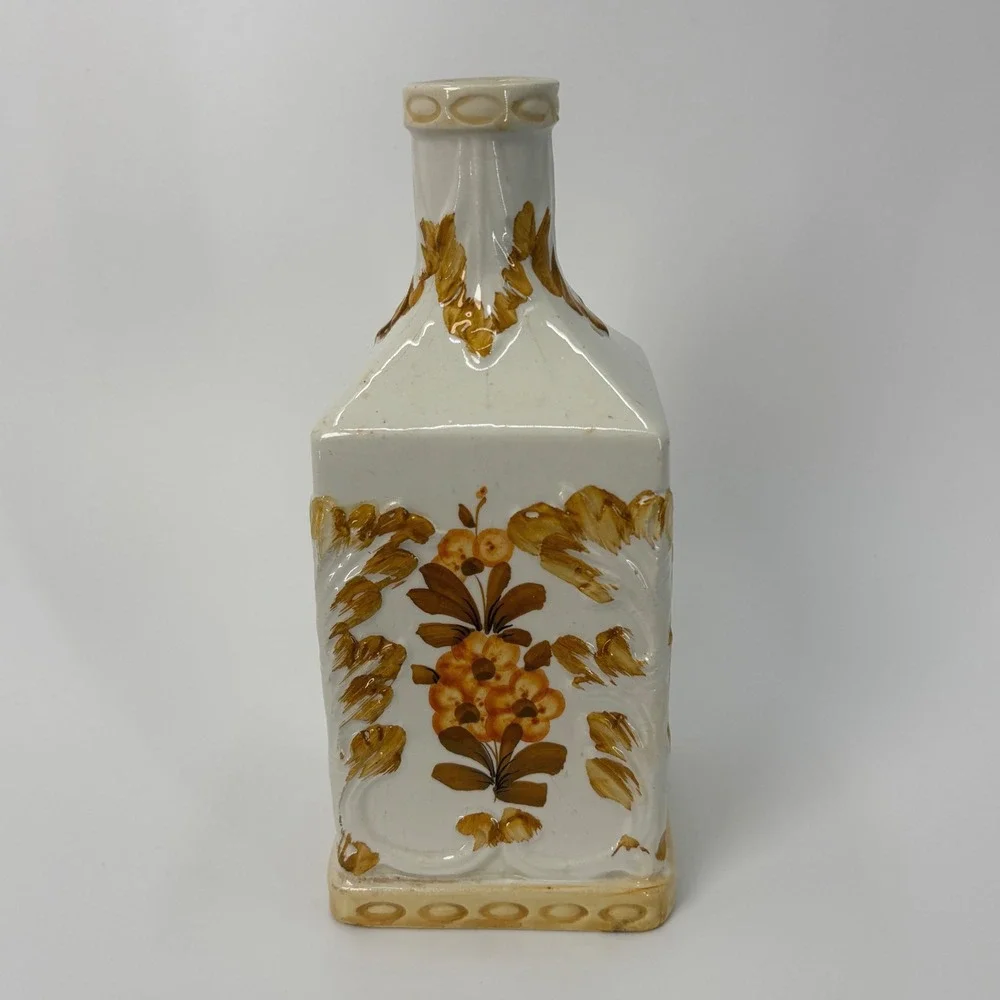 Italian Ceramic Bottle Vase Embossed Floral Design Vintage Hand-Painted Decanter